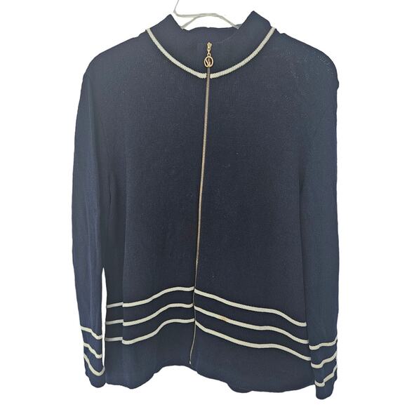 Vintage St. John Sport By Marie Gray Dark Blue Sweater Jacket sz Large Stripes - Picture 1 of 8